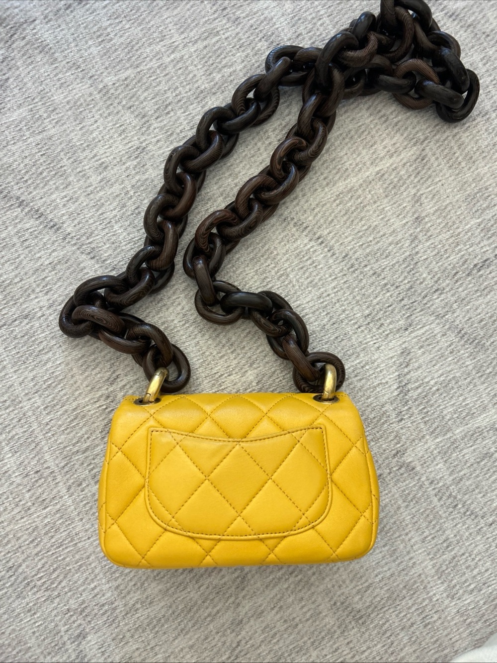 CHANEL Yellow Quilted Mini Flap Bag with Dark Wood Brown Chunky Chain - Picture 4 of 7